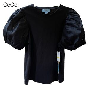 NWT CeCe Rhinestone Embellished Puff Sleeve Knit Top. Black. Size Medium (8-10).